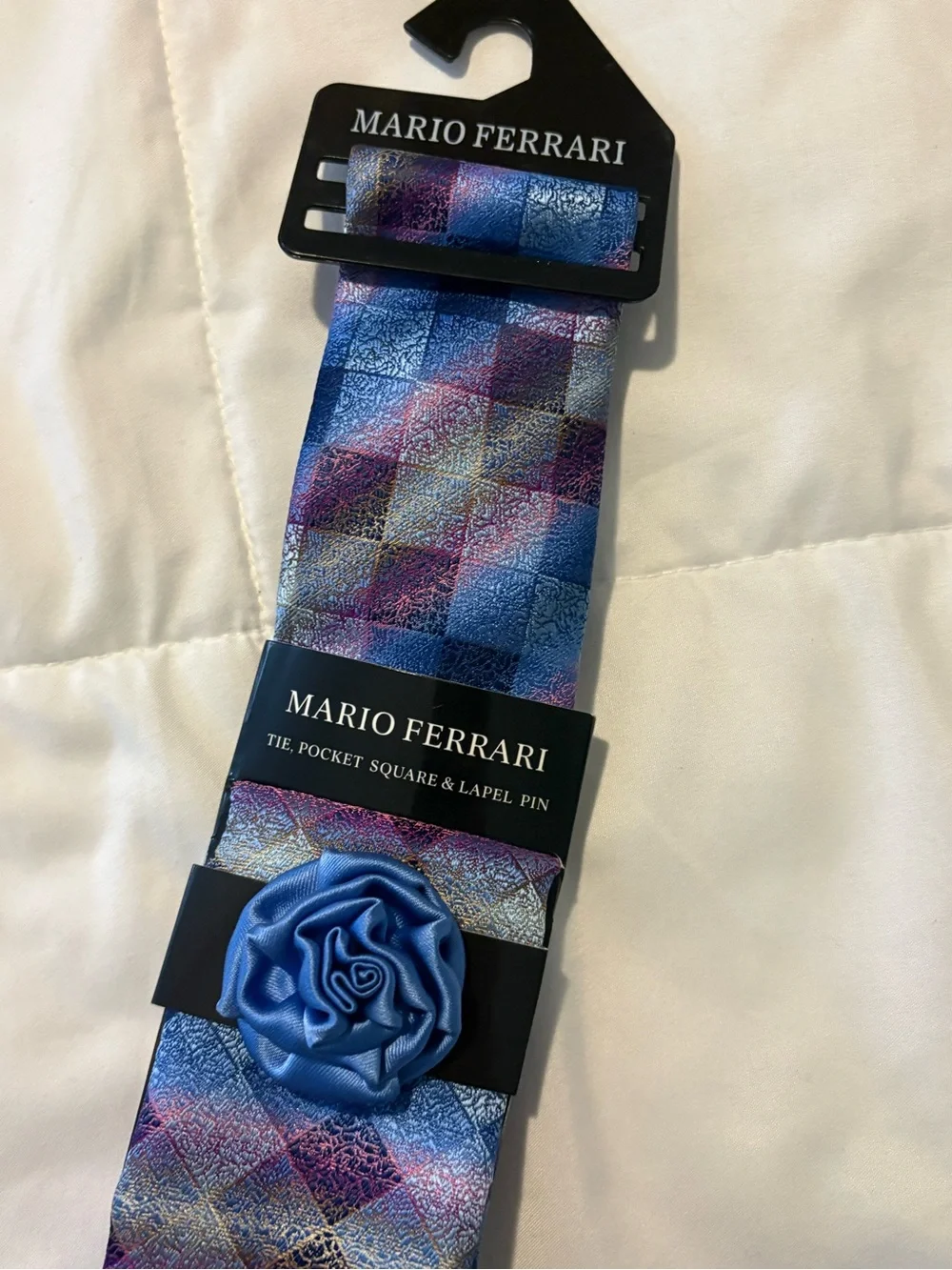 Mario Ferrari Tie Set Blue Purple Geometric Tie Pocket Square & Lapel Pin
